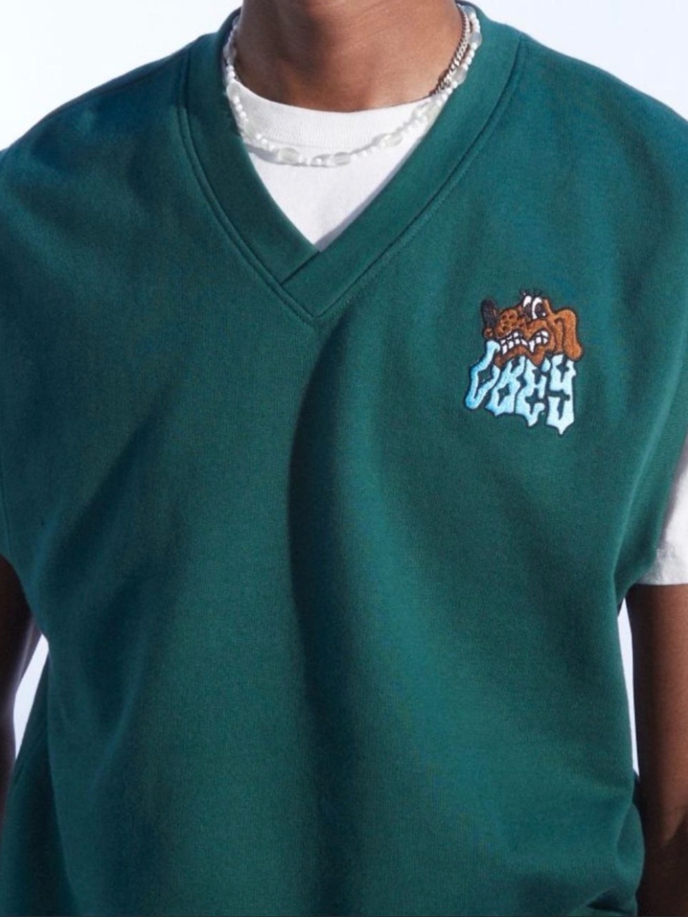 Green OBEY V-Neck Sweater Vest with Dog Patch